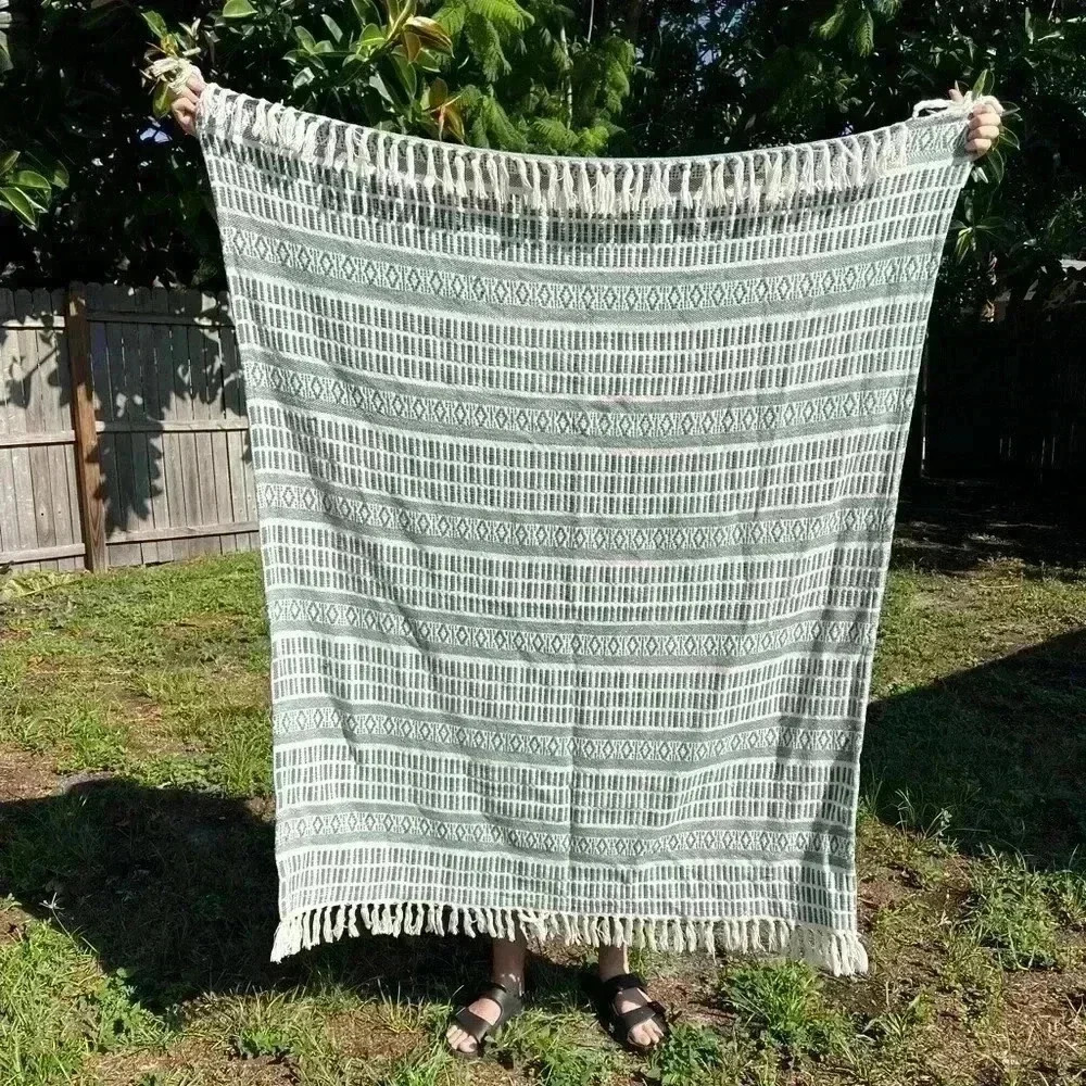 ASHTON WOODS GREEN MULTI THROW BLANKET 100% COTTON 50” x 60” INDIA boho style